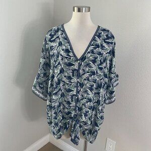 Max Studio Womens Plus 2X Navy Green Tropical Floral Button Front Tie Hem Top